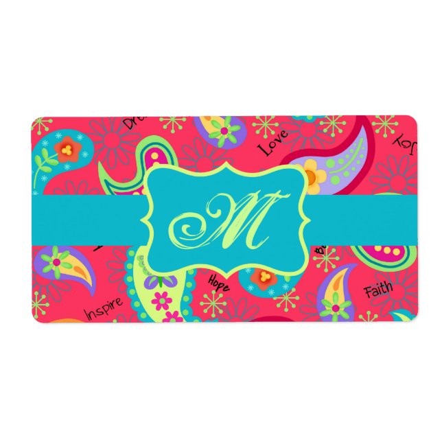 Etiqueta Turquesa Vermelha Moderna Paisley Pattern Monogram (Frente)