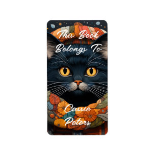 Etiqueta Um Gato Negro num Suéter Floral Este Livro Pertenc