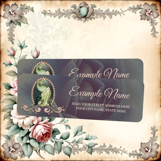 Etiqueta Um pavão majestoso em ouro e verde. (Criador carregado)