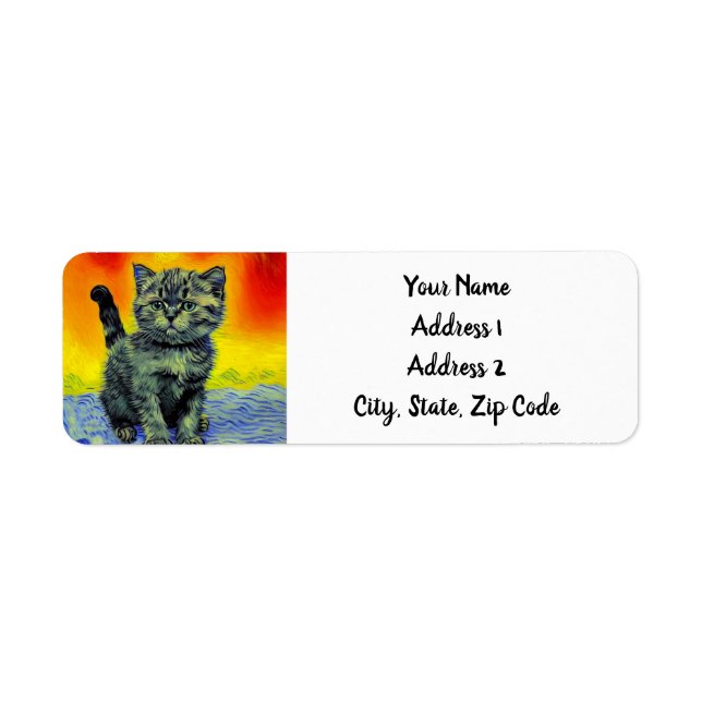 Etiqueta Van Gogh Style Cat Sunset Beach (Frente)