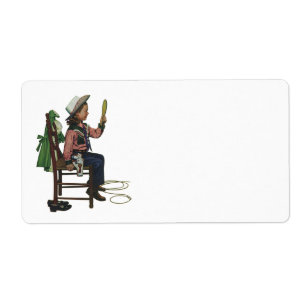 Etiqueta Vaqueira da menina do vintage que olha o espelho 