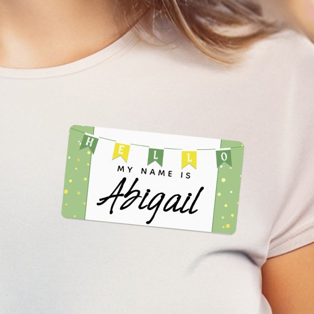 Etiqueta Verde e Amarelo - Alô Meu nome é Sticker (Fun Children's Party / Baby Shower Green and Yellow Bunting Banner Name Tags)
