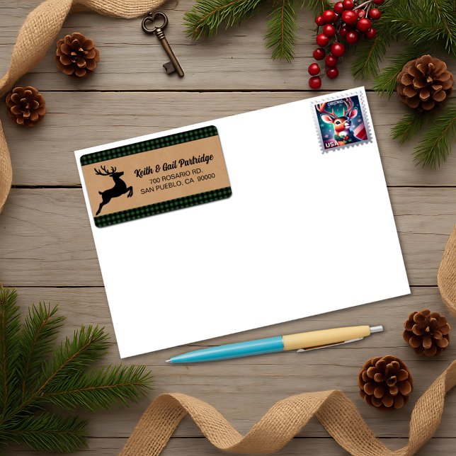 Etiqueta Verde e Xadrez Negra Reindet Natal Personalizado (Criador carregado)