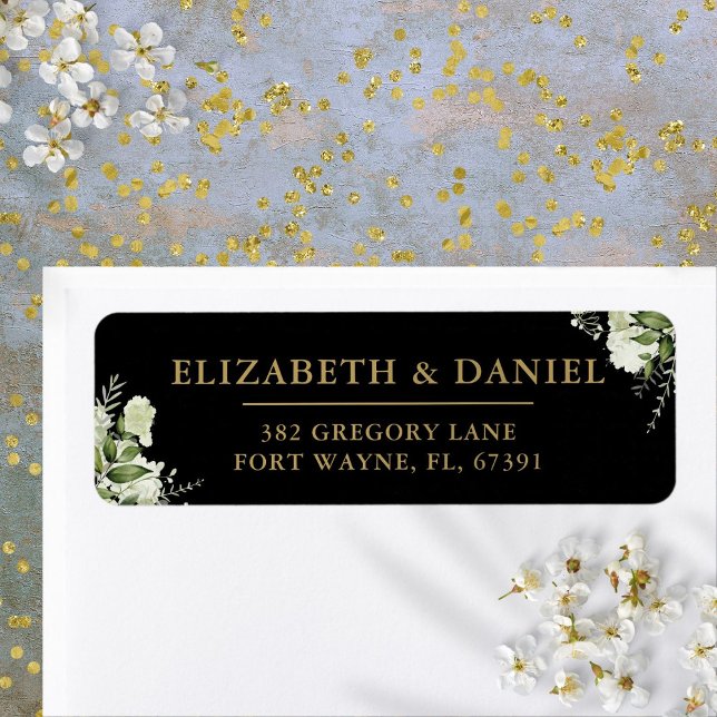 Etiqueta Verde Negro E Dourado Endereço De Regresso Para Ca (Greenery Black And Gold Wedding Return Address Label)