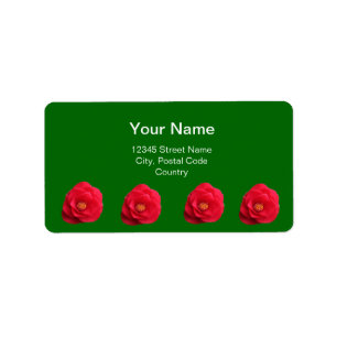 Etiqueta vermelho camellia flores verde rótulo do endereço