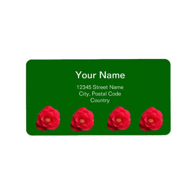 Etiqueta vermelho camellia flores verde rótulo do endereço (Frente)