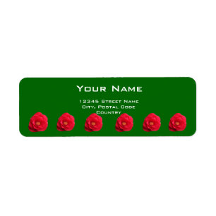 Etiqueta vermelho camellia flores verde rótulo do endereço