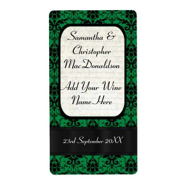 Etiqueta Vinho casamento tema damasco preto e verde (Frente)
