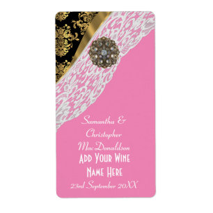 Etiqueta Vinho de casamento branco de renda preta e cor-de-