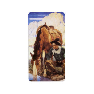 Etiqueta Vintage Art, Cowboy Cuidando de Seu Cavalo pelo NC