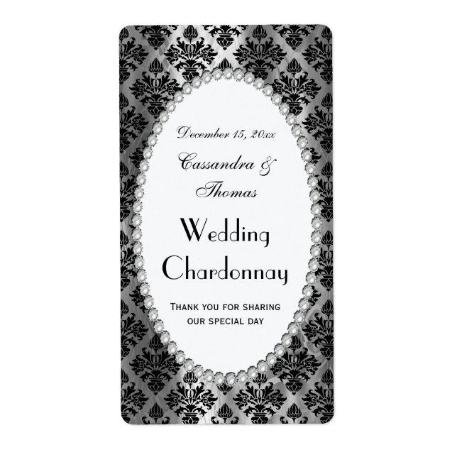 Etiqueta Vintage Blk Silv Damask Pearl V Vinho Rótulo do Fr (Frente)