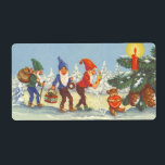 Etiqueta Vintage Christmas, Elves in the Snow Forest Winter<br><div class="desc">Vintage illustration Victorian Merry Christmas holiday image featuring elves with beards and pointed hats walking in the snow. They look like tomte, nisse or tomtenisse (Sweden) nisse (Norway and Denmark) or tonttu (Finland), a mythological creature from Scandinavian Norse folklore. The blue elf is carrying a wreath, the green elf is...</div>