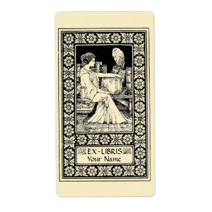 Etiqueta Vintage Ex Libris Girl, Caneta, Livros e Coruja Mo
