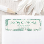 Etiqueta Vintage Green Merry Christmas Line Art<br><div class="desc">Etiqueta de endereço de Natal da linha de Natal Feliz. Com a vegetação verde-vintage de folhas e bagas de eucalipto de linhagem branca. Em fundo branco bege retroativo.</div>