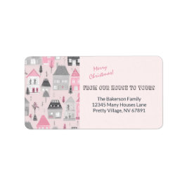 Etiqueta Vintage Houses on Pink Christmas Label