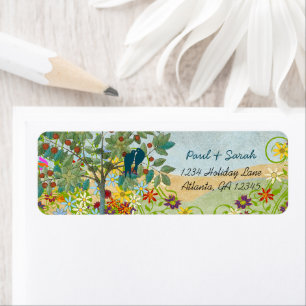 Etiqueta Vintage Love Birds Fruta Tree Damask Colinas