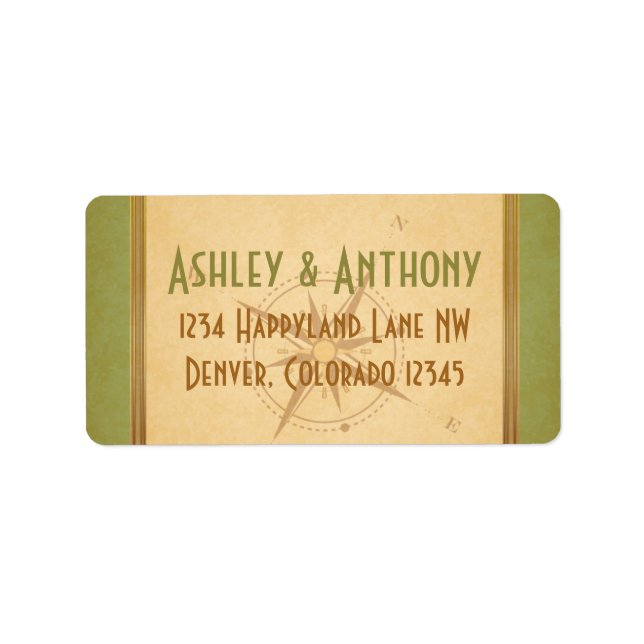 Etiqueta Vintage Typografia Green Compass Wedding Endereço (Frente)