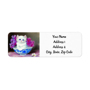Etiqueta Vintage White Kitten com Flores Rosa