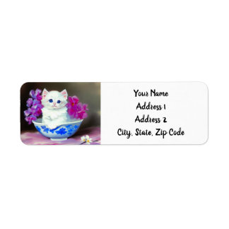 Etiqueta Vintage White Kitten com Flores Rosa