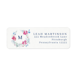 Etiqueta Watercolor Blue and Pink Flower Wreath
