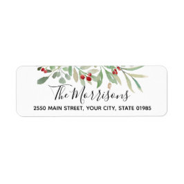 Etiqueta Watercolor Greenery Red Berries Endereço de Devolu