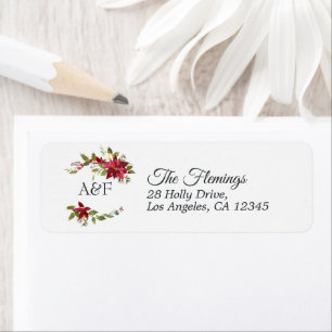 Etiqueta Watercolor Poinsettia e Holly Christmas Monograma