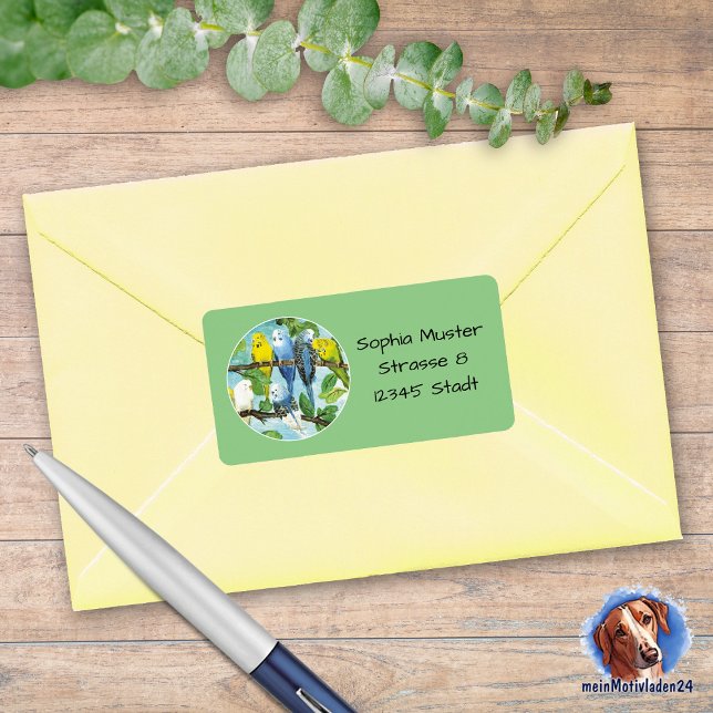 Etiqueta Wellensittiche - Aquarell-Design grün | (hübsche grüne eckige, Adressaufkleber, mit runden Bild - verschiedene Wellensittiche)