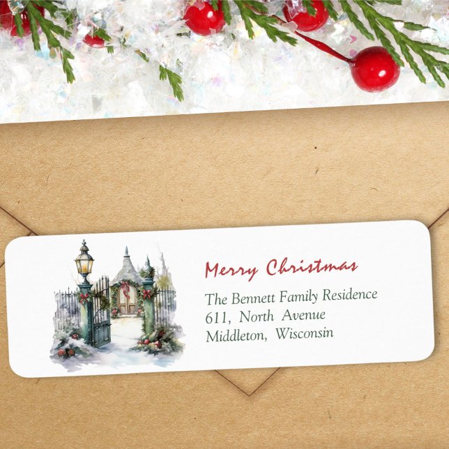 Etiqueta Winter Scense Red Green Foliage Endereço de Natal (Criador carregado)