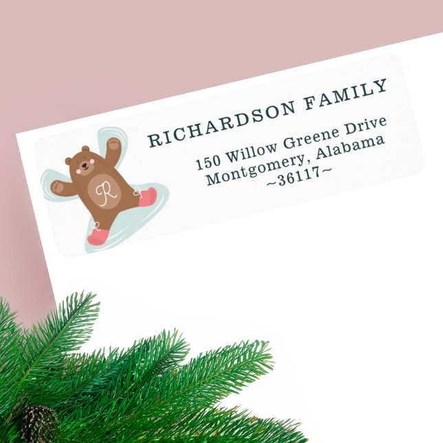 Etiqueta Woodland Bear Snow Angel Monograma Endereço (Woodland Bear Snow Angel Monogram Address Label)