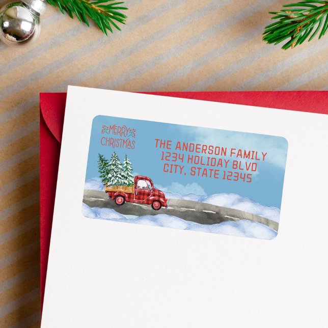 Etiqueta Xadrez de Aquarela Vermelha Neve Feliz Natal (watercolor buffalo plaid truck Christmas address labels)
