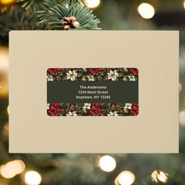 Etiqueta Xadrez Verde Elegante Poinsettias Endereço de Nata (Criador carregado)