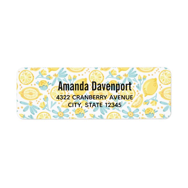 Etiqueta Yellow Lemons & Blue Flowers Illustrated Pattern L (Frente)