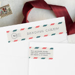 Etiquetas Air Mail | Holiday Return Address<br><div class="desc">Vintage inspired return address labels add a cute retro touch to your holiday cards and Christmas season mailings. Ivory labels feature red and blue-green diagonal stripes and a cool air mail stamp design. Add a custom holiday message to the back, and your return address to the front wraparound portion. Designed...</div>