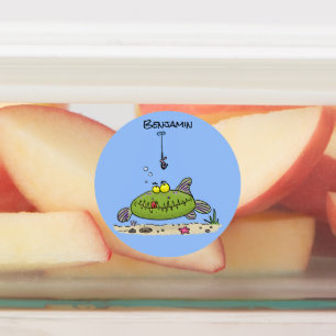 Etiquetas Animação de peixe verde esfomeado e gordo