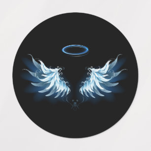 Etiquetas Asas Anjos Azuis Brilhantes em fundo preto