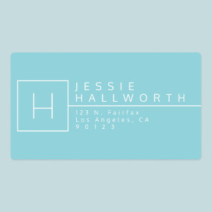 Etiquetas Azul Ciano Claro e Branco Monograma à prova de á