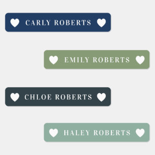 Etiquetas Boho Blue e Green Heart Kids Name