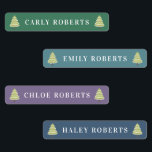 Etiquetas Boho Christmas Trees Kids Name Labels à prova d'ág<br><div class="desc">Árvores de Natal Boêmicas Crianças Nome à prova d'água Etiquetas com ilustrações de pinheiros em cada extremidade. Etiquetas de nome personalizadas em azul,  verde e roxo.</div>