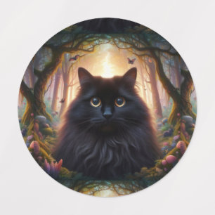 Etiquetas Bonito gato preto fluffy com olhos Dourados