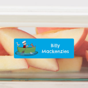 Etiquetas Cartoon de barco a remo, um marinheiro bonito, per