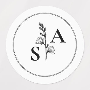 Etiquetas Casamento de flor selvagem Mínimo BW Monograma