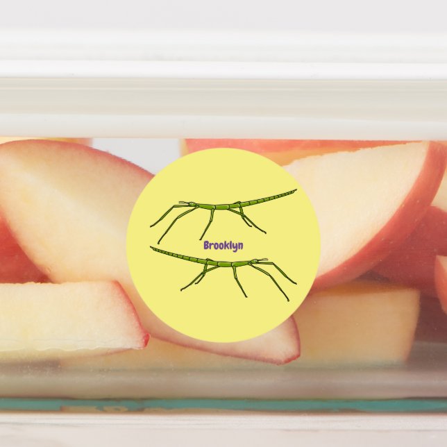 Etiquetas Cute green stick insects with happy faces cartoon (Afixado)