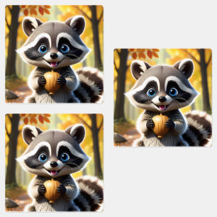 Etiquetas Cute Kawaii style Racoon segurando uma bolota