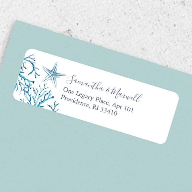 Etiquetas de Endereço Aquarela Costeira Submarina (Return address sticker features watercolor starfish and sea coral art by Victoria Grigaliunas)