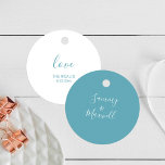 Etiquetas de Favor de Casamento Simples de Praia<br><div class="desc">Essas etiquetas favoritas exclusivas apresentam o nome da noiva e do noivo em uma fonte moderna de escrita manual em uma cor azul turquesa sólida. A placa reverte para uma personalização colorida complementar de fundo branco sólido. Use-os para presentes de propostas de damas de honra, obrigado de hóspedes de hotel...</div>