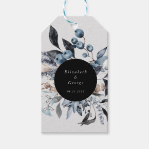etiquetas de presente com monograma floral azul em