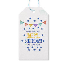 Etiquetas de presente de aniversário com fundo esc