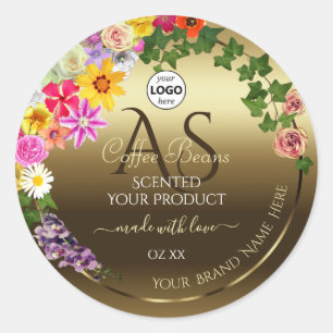 Etiquetas de produto Douradas Flores coloridas Log