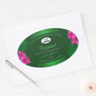 Etiquetas de produto verde Flores cor-de-rosa Logo