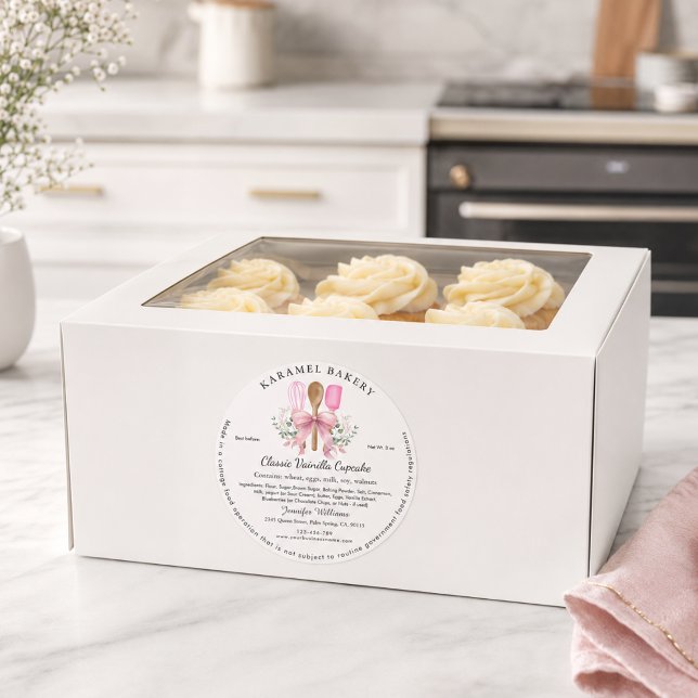 Etiquetas de utensílios com Laço Rosa para Embalag (Cottage law food bakery label)